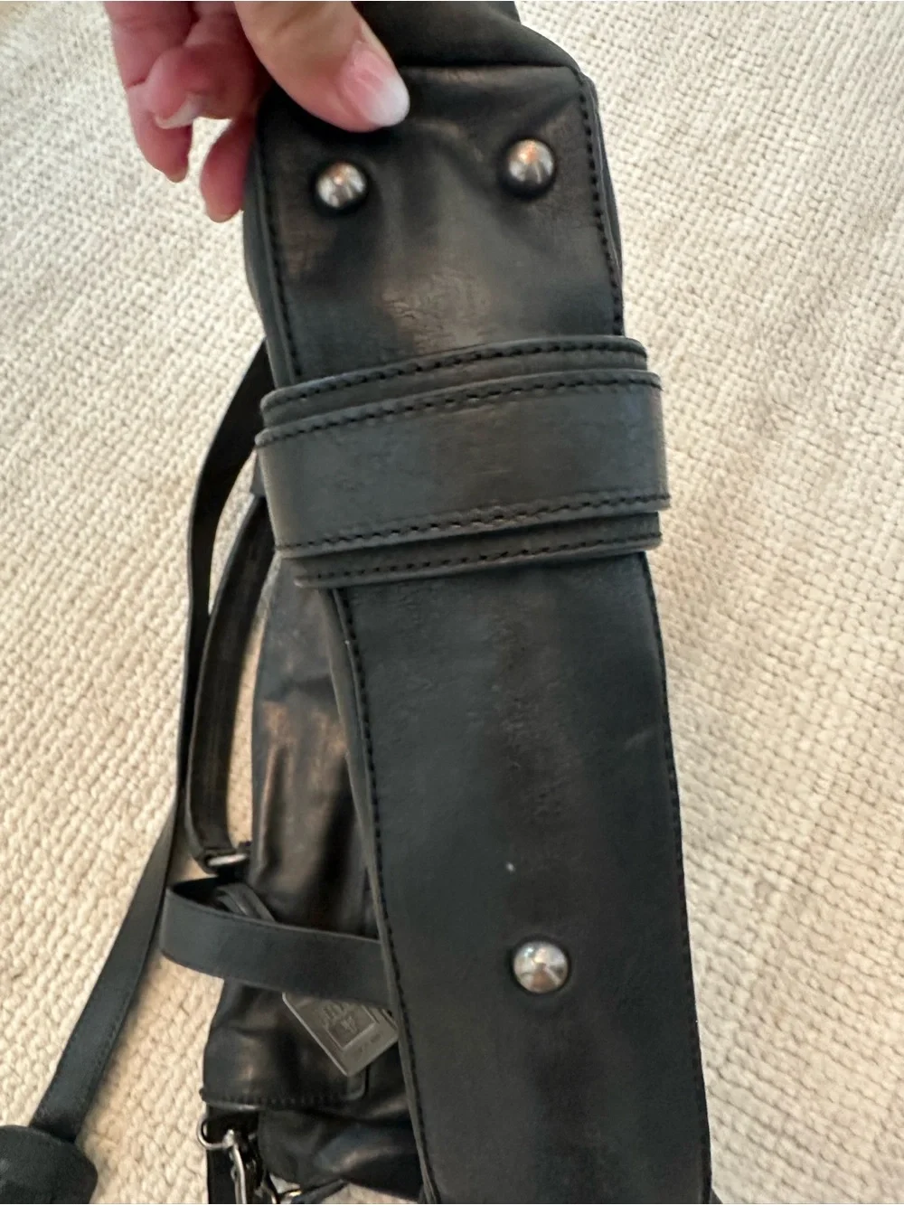 Frye Black Leather Messenger Bag with Buckle Straps